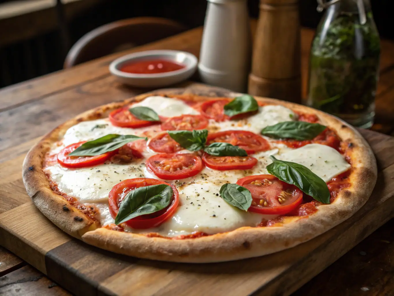 A beautifully styled image of Quattro Ristorante Italiano's Margherita pizza, highlighting the fresh basil, ripe tomatoes, and melted mozzarella cheese on a perfectly charred crust.