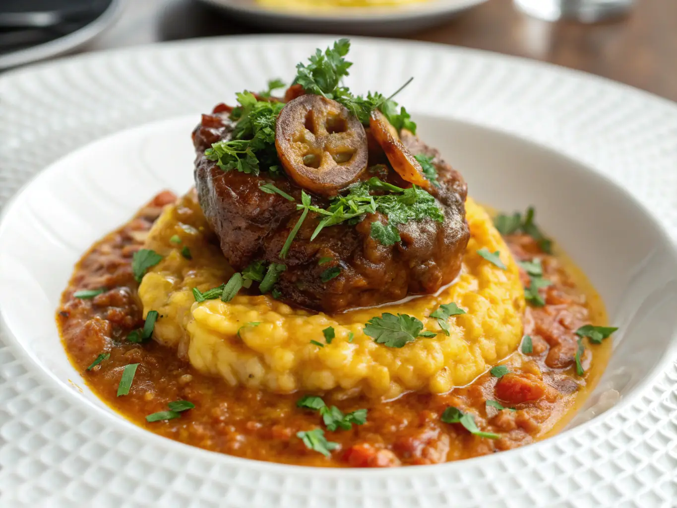 A perfectly cooked Osso Buco, garnished with fresh herbs and served with a side of creamy risotto, presented on a white plate in an elegant restaurant setting.